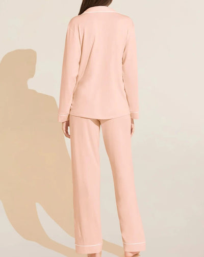 Classic long sleeve luxury pajama set with button front, collar and contrast piping in soft and comfortable modal jersey.