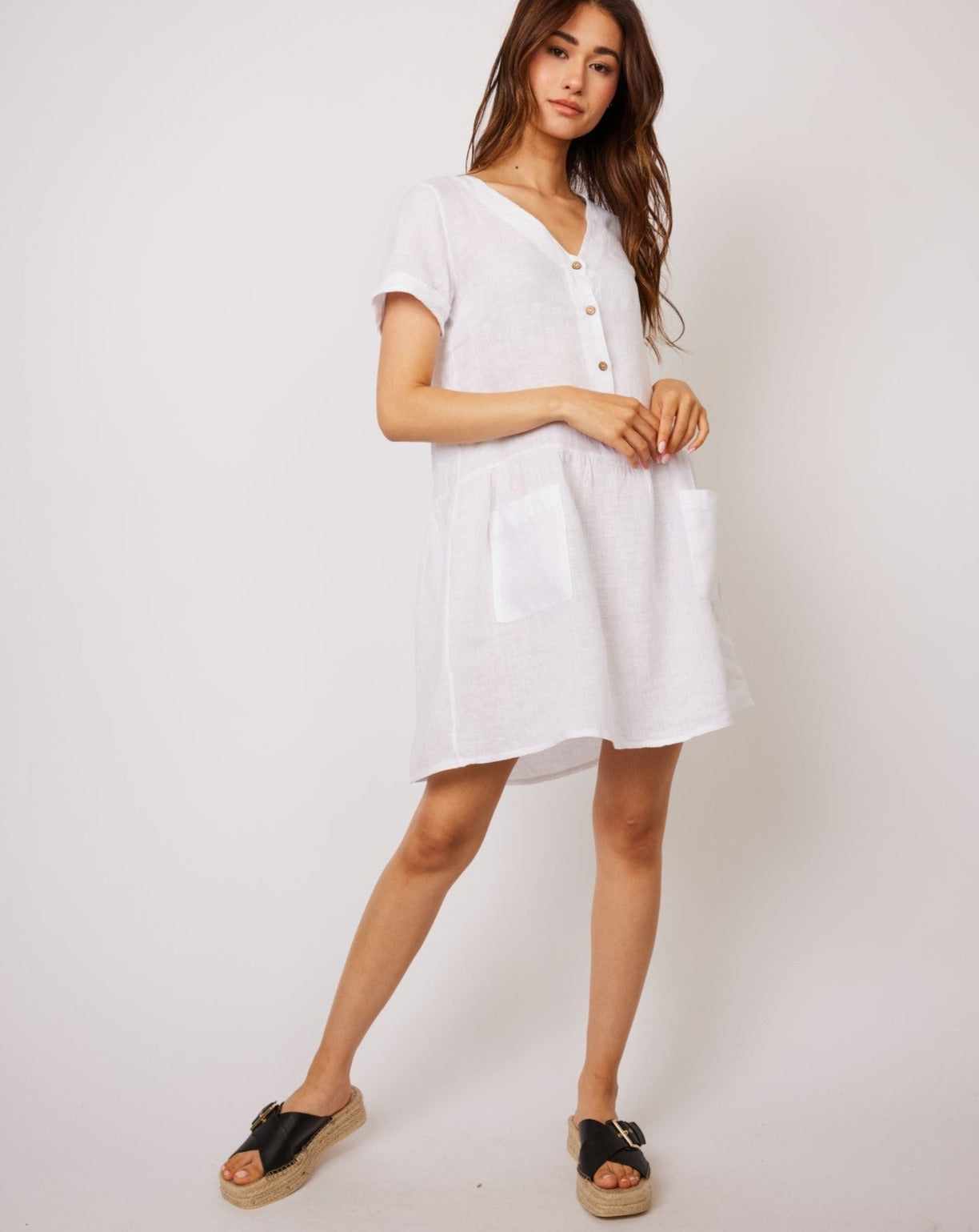 Short Sleeve Linen Dress W/ Button Top & Patch Pockets: Size S - Beestung Lingerie