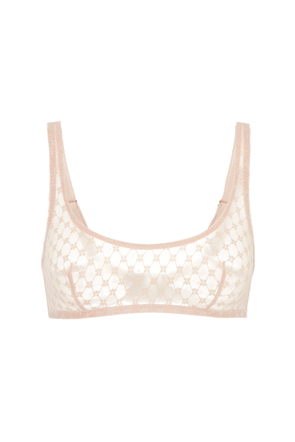 Beige lace bralette on a white background