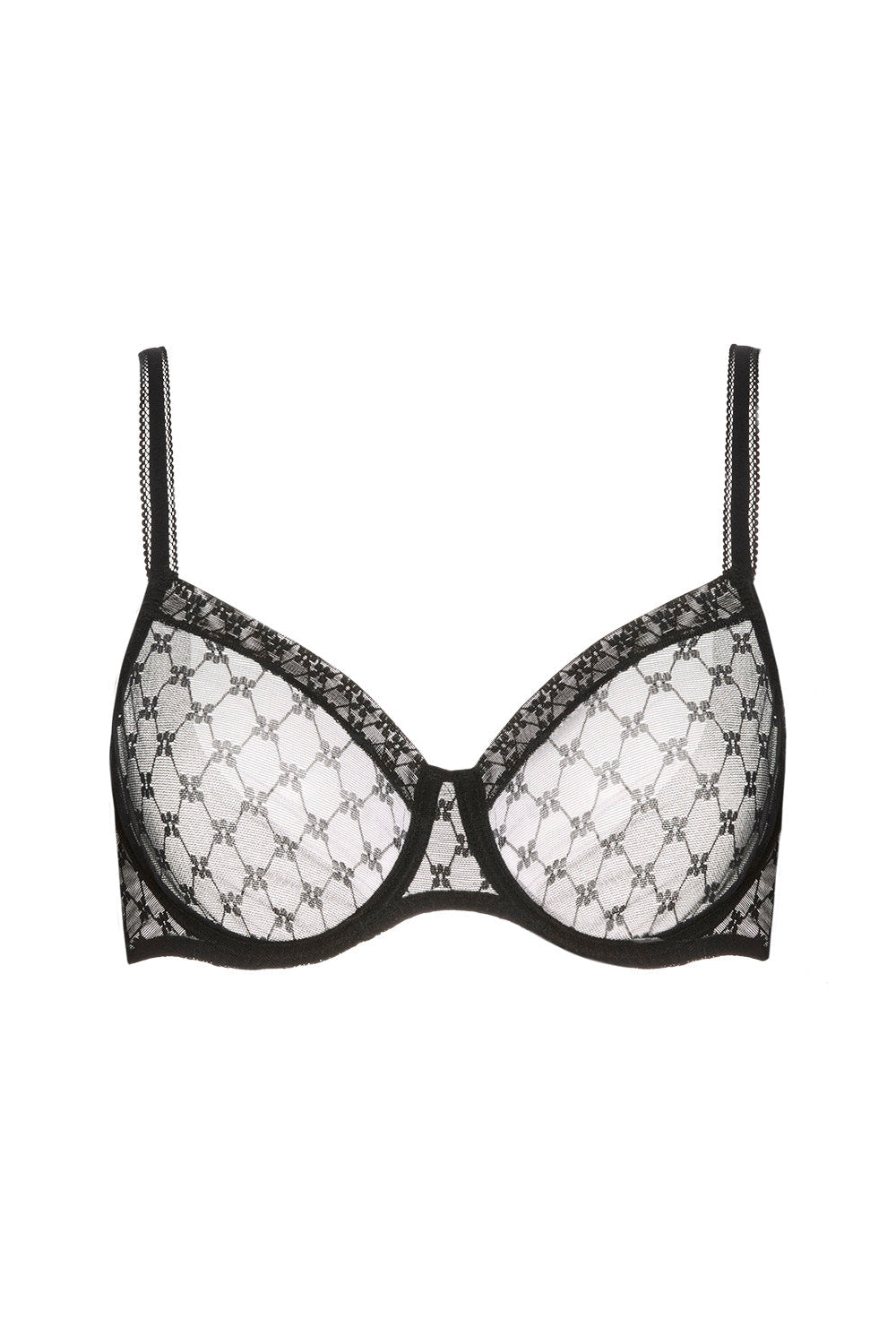 Black lace bra on a white background