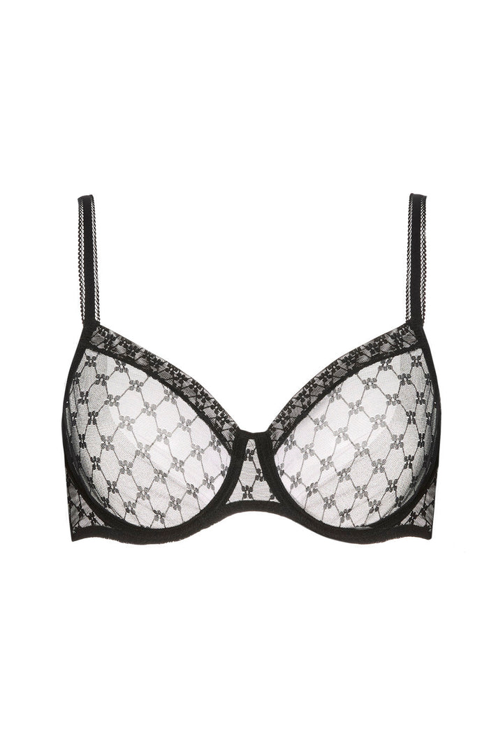 Black lace bra on a white background