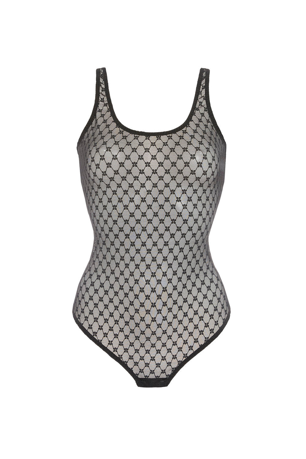 Black mesh bodysuit on a white background