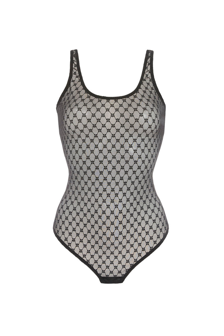Black mesh bodysuit on a white background