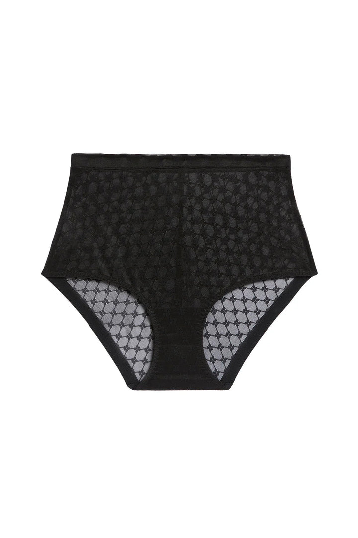 Black high-waisted underwear with mesh panels on a white background