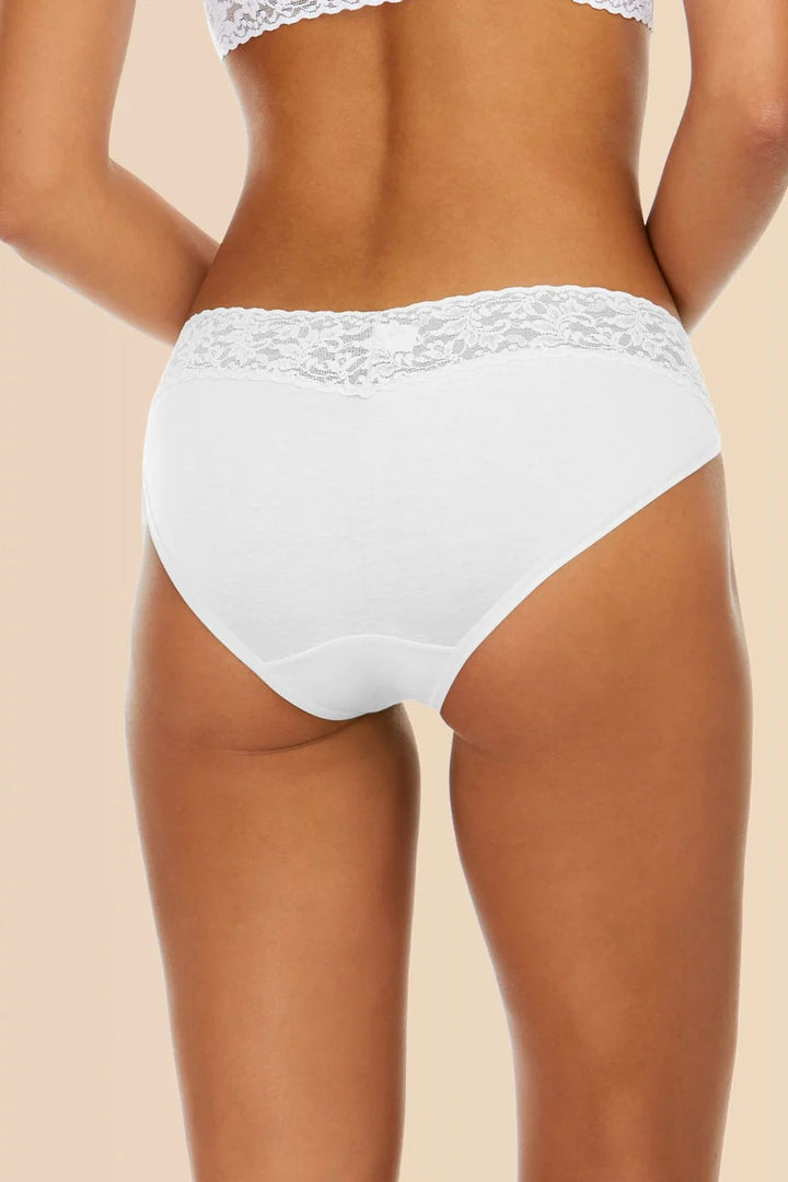 White lace-trimmed underwear on a beige background