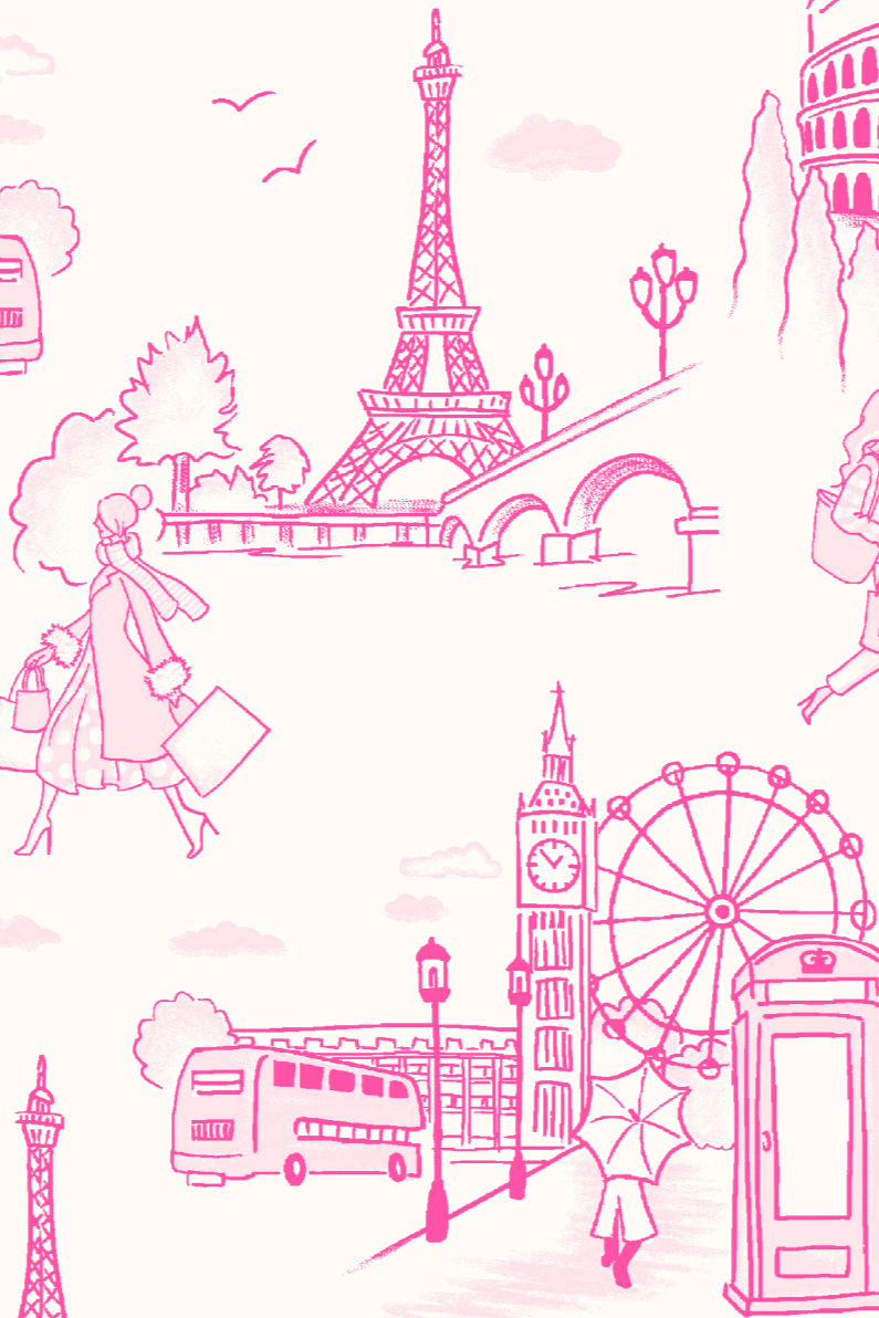 A pink Jet Setter print pajama set with short sleeves and shorts, featuring various landmarks.
