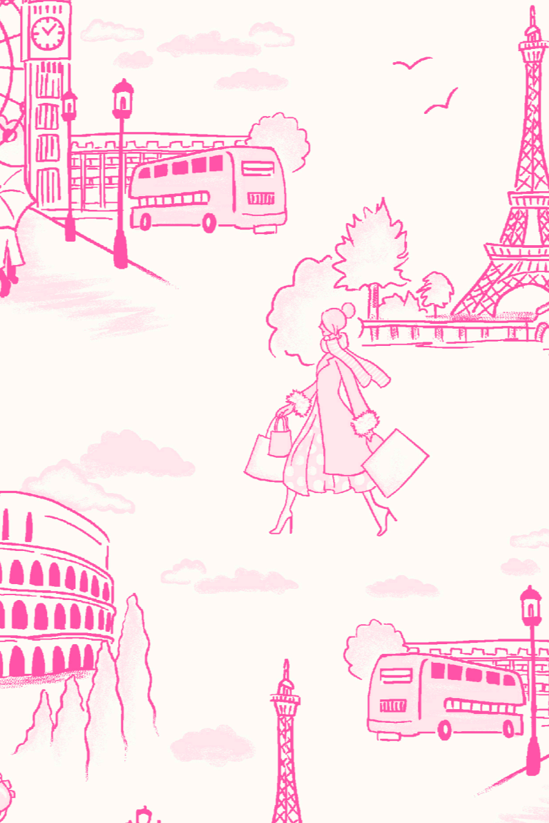 A patterned illustration of a woman in a hat and carrying a suitcase, traveling through iconic global landmarks such as the Eiffel Tower and the Colosseum.