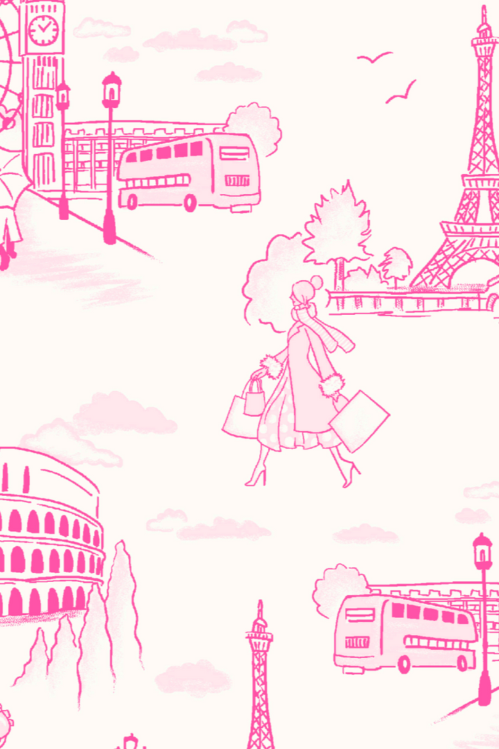 A patterned illustration of a woman in a hat and carrying a suitcase, traveling through iconic global landmarks such as the Eiffel Tower and the Colosseum.
