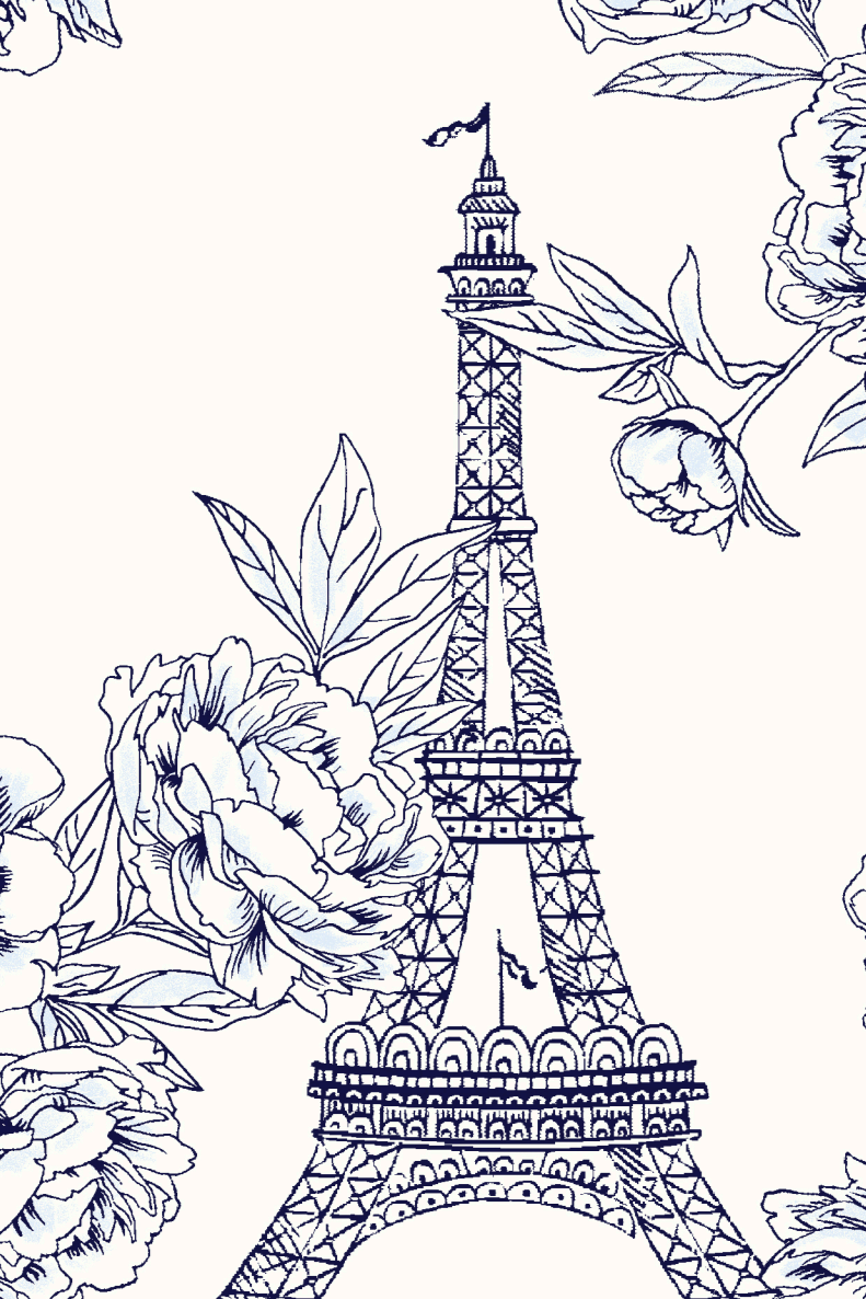 A pajama set with a pattern featuring the Eiffel Tower and flowers in a black and white design.