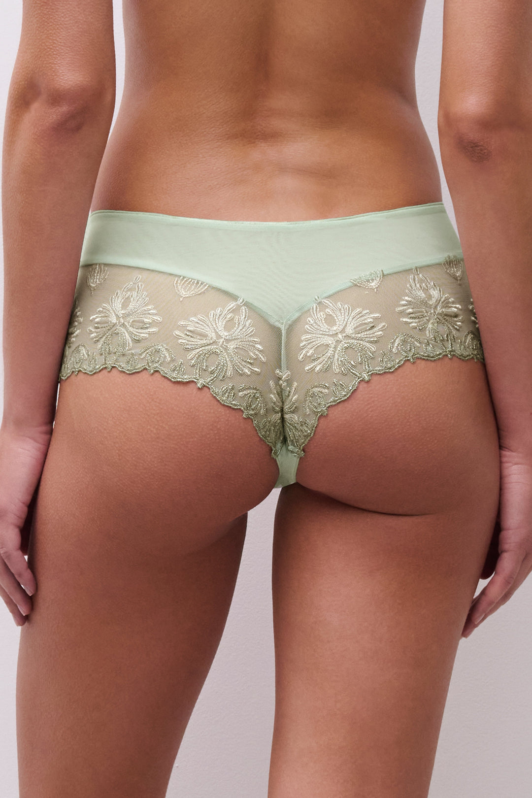 Green lace underwear on a plain background