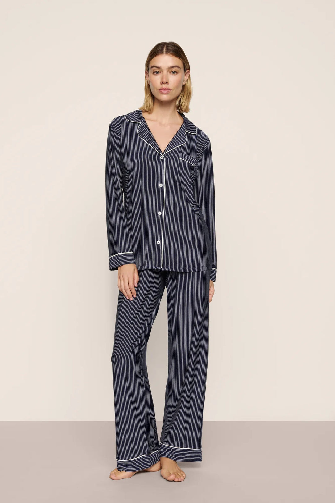 Gisele Printed Long PJ Set: Navy Duo Stripe