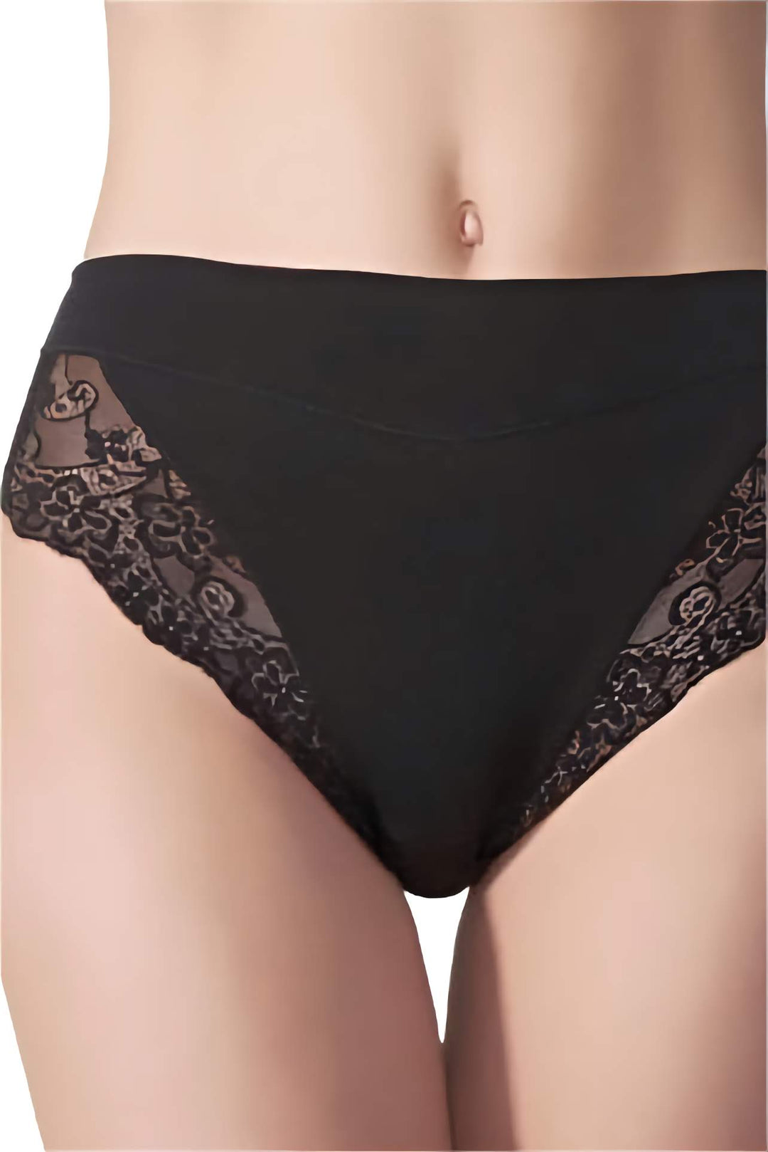 Black lace-trimmed cotton underwear on a white background
