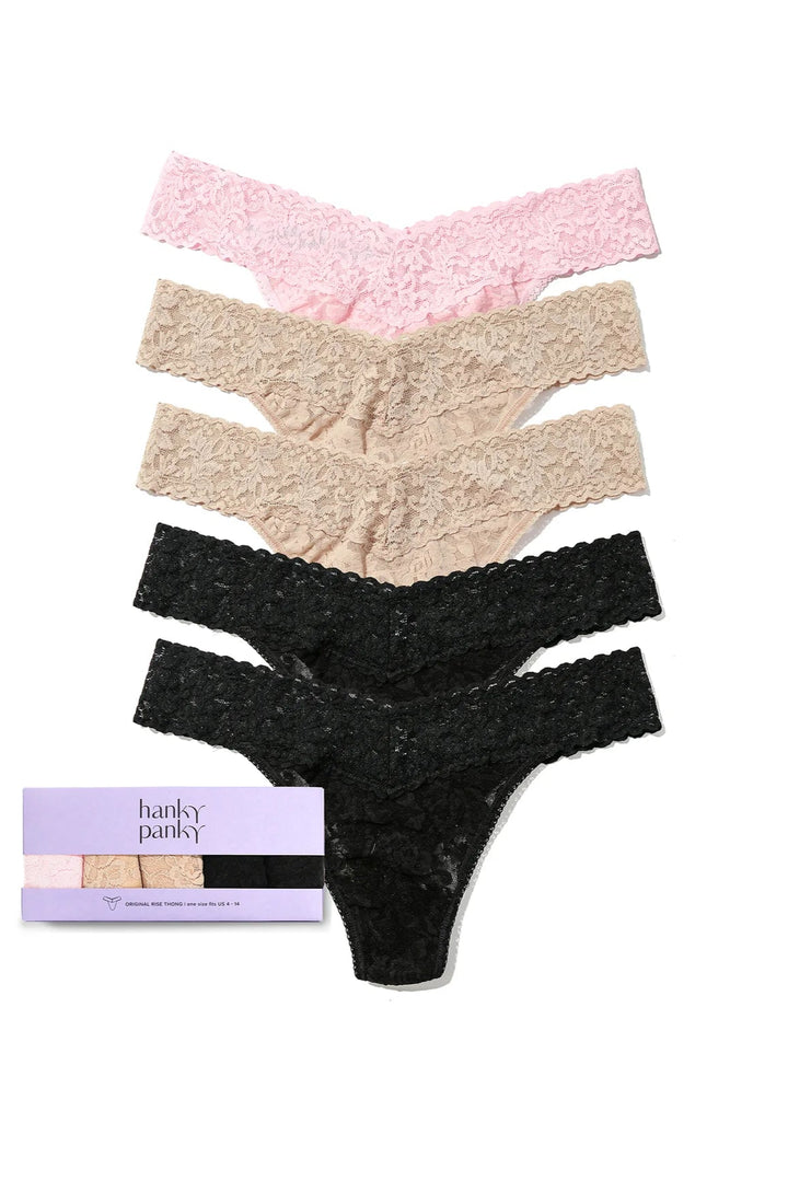 Five pairs of women's underwear in pink, beige, and black with a 'hanky panky' box on a white background.