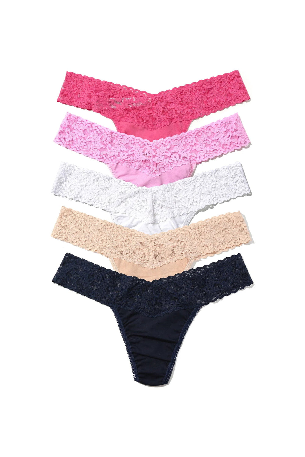 Set of five lace underwear pieces in pink, white, beige, and black on a white background