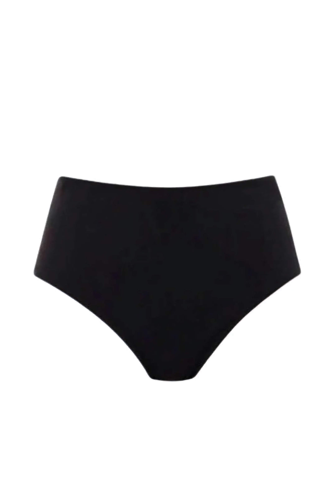 Black high-waisted bikini bottom on a white background
