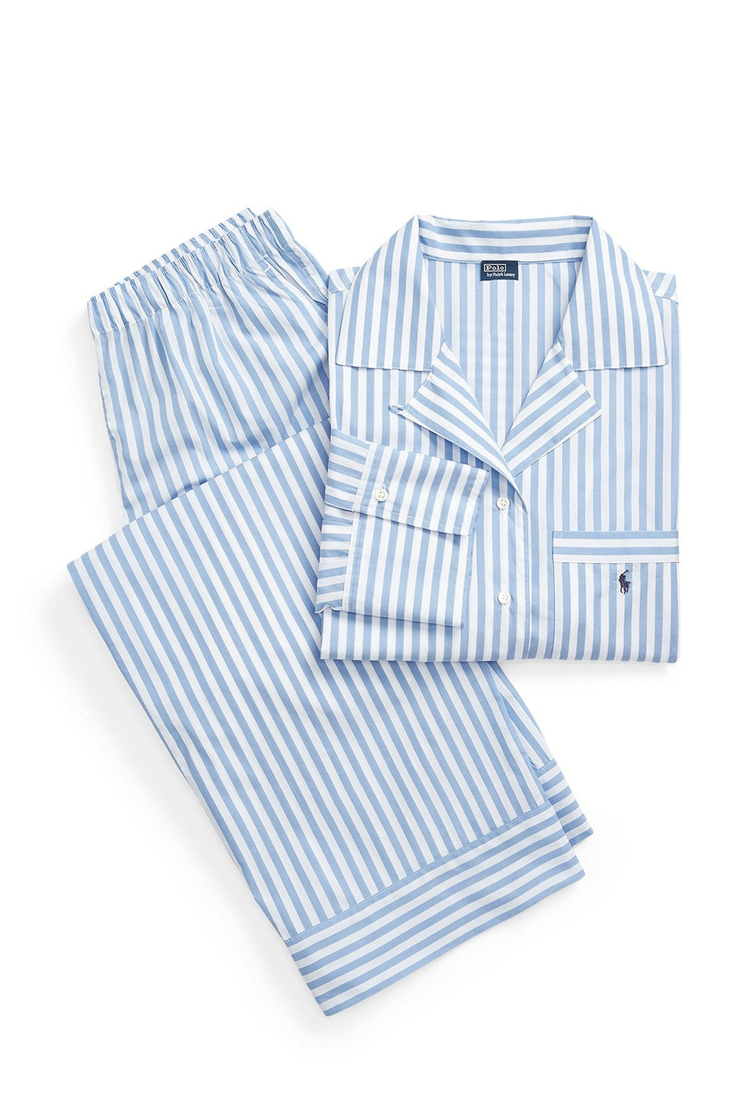 A folded two-piece pajama set with light blue and white vertical stripes, featuring a long-sleeve button-up shirt and matching pants, displayed on a clean white background.