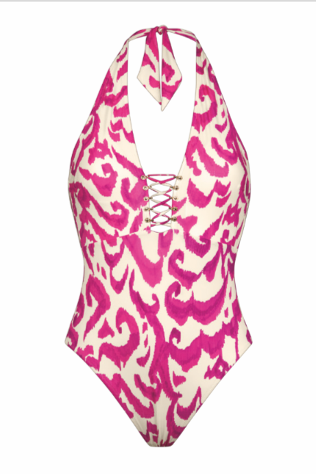 Pink and white patterned swimsuit on a white background
