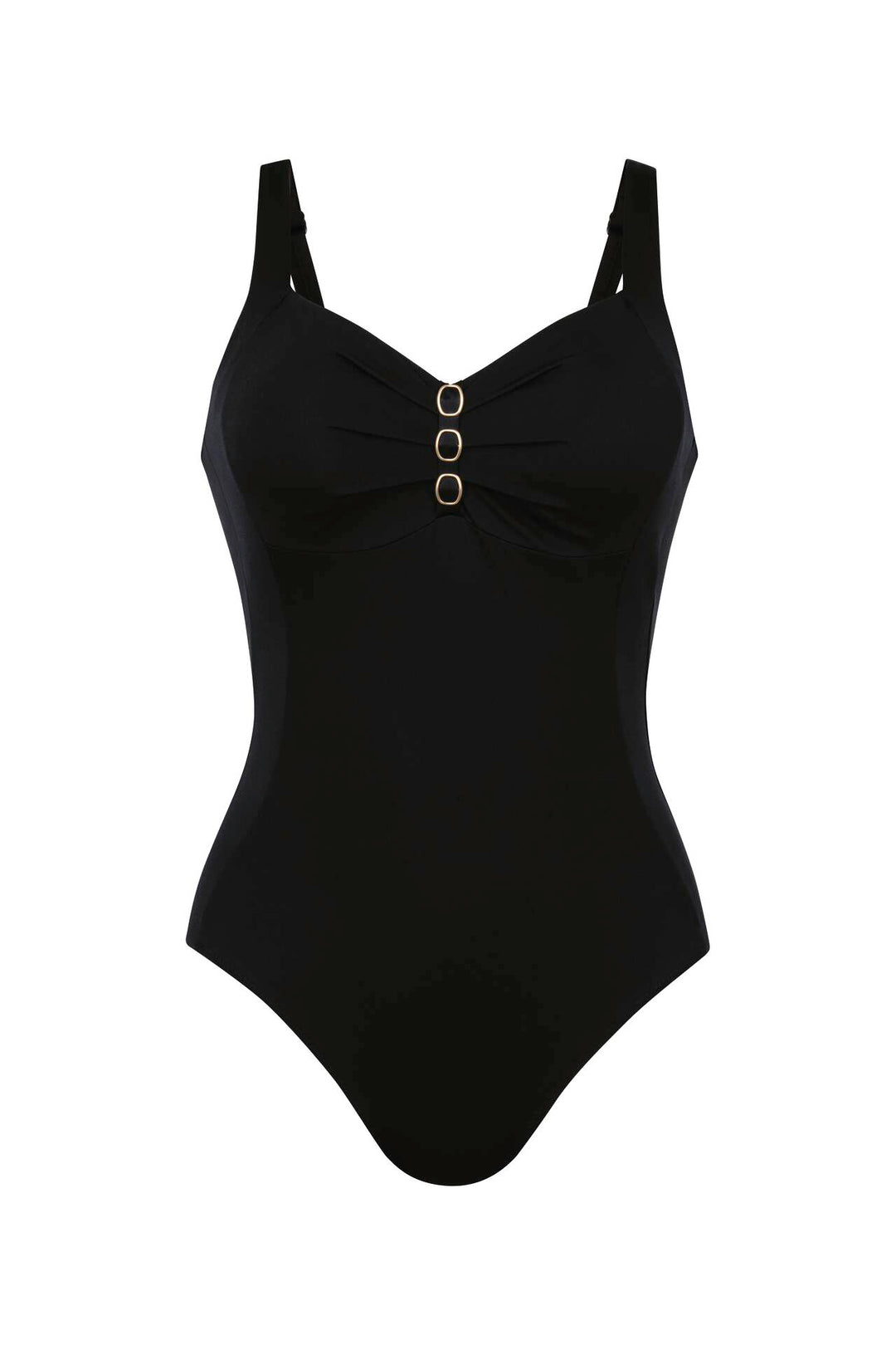 Black swimsuit with button details on a white background