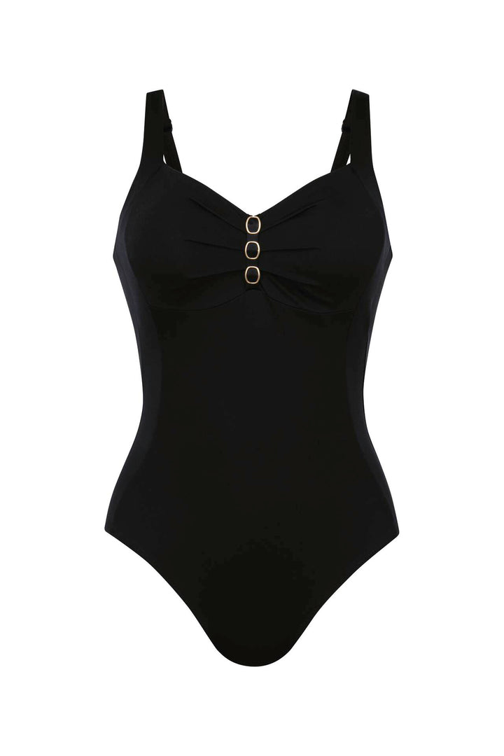 Black swimsuit with button details on a white background