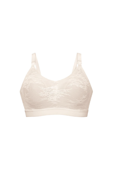 Beige lace nursing bralette on a white background