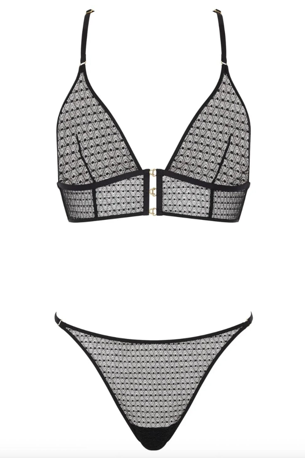 Black and white patterned bikini set on a white background