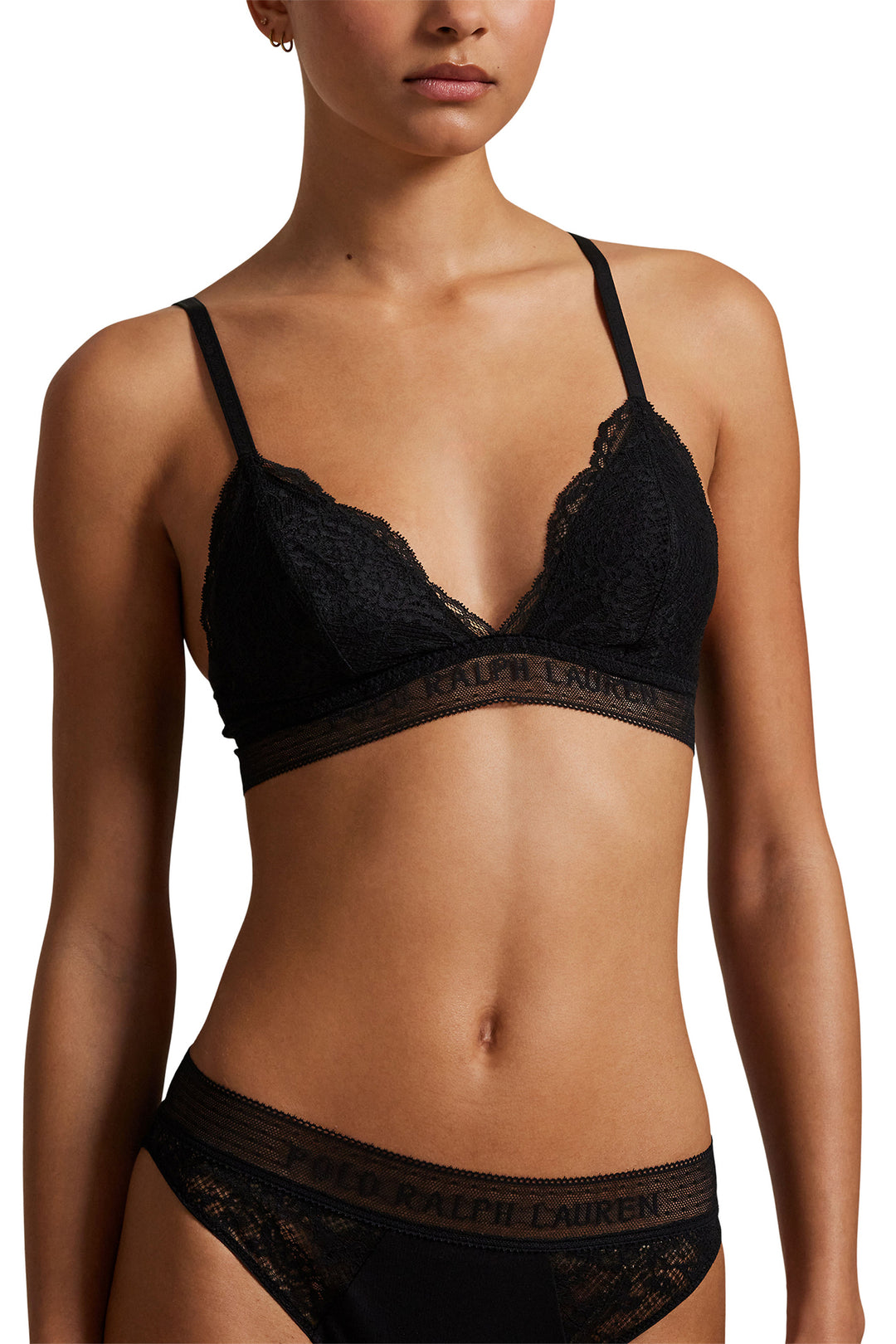 Black lace bra and panties set with 'Ralph Lauren' branding on a white background