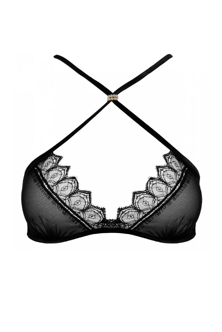 Black bra with lace details on a white background