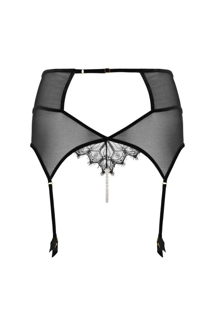 Black lace lingerie set on a white background