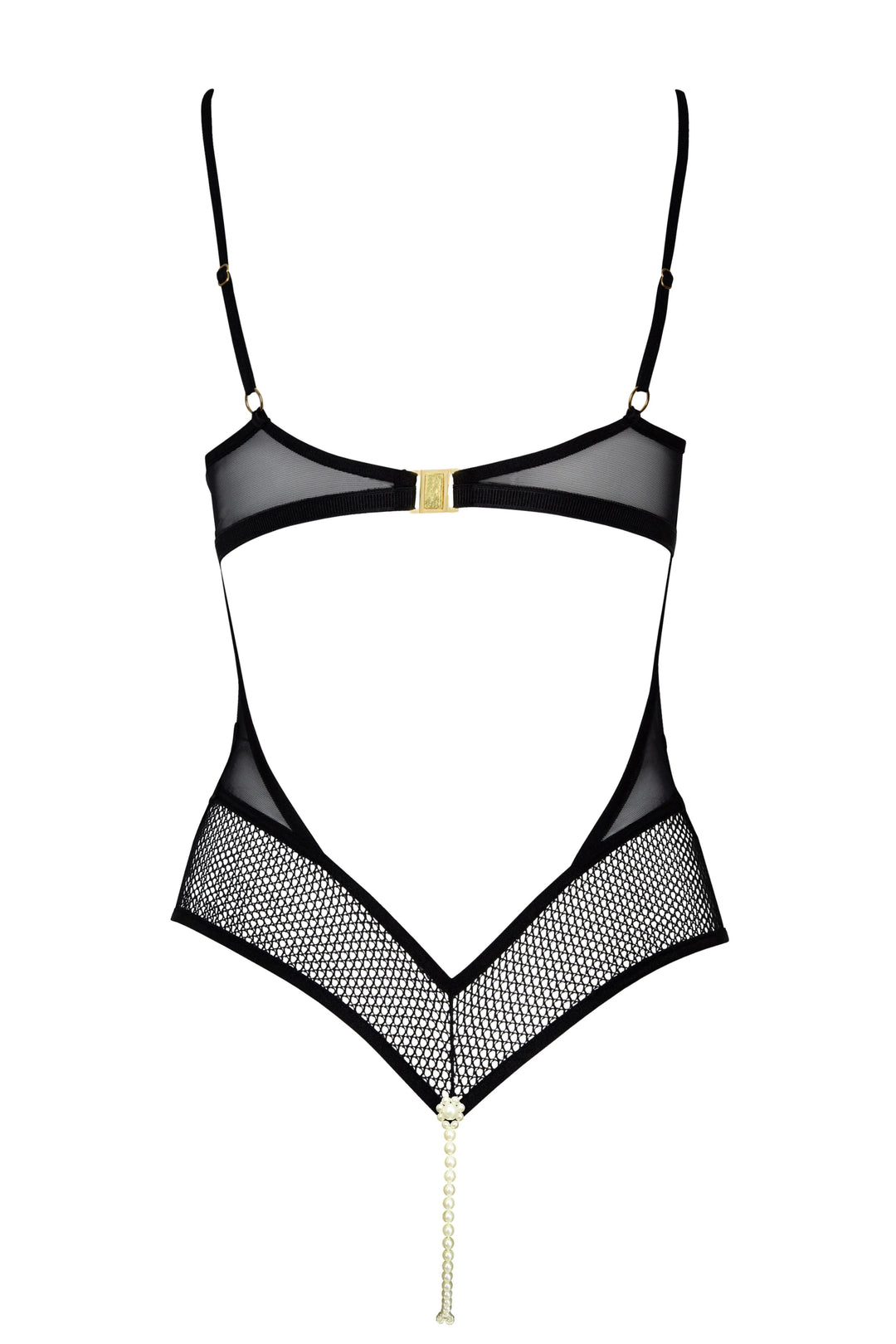 Black lingerie set with mesh details on a white background