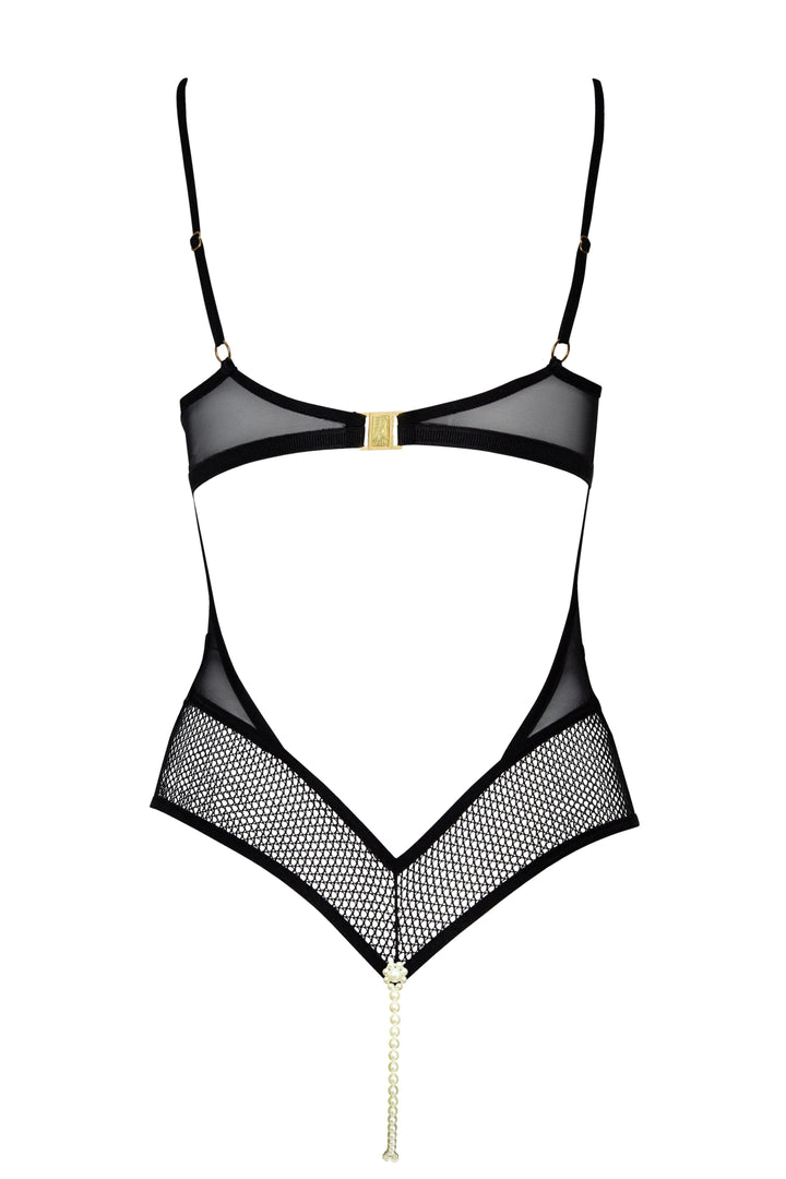 Black lingerie set with mesh details on a white background