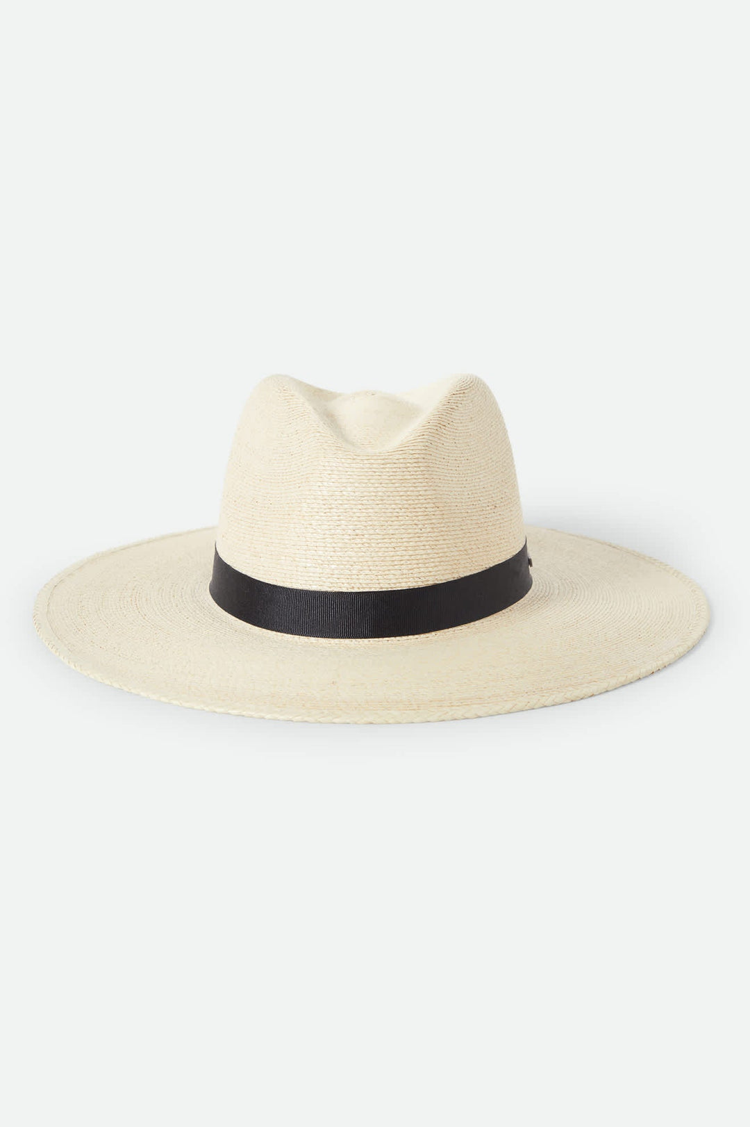 Beige straw hat with a black band on a white background