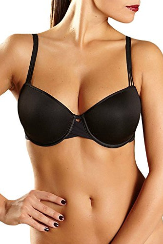 Black bra worn by a model on a plain background