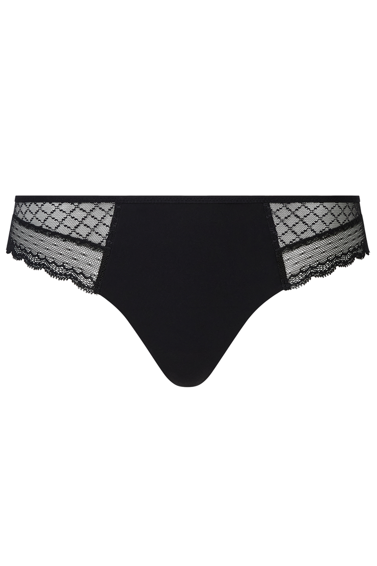 Black tulle and fabric tanga thong panty on a white background.