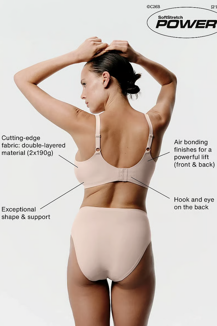 A woman shown from the back wearing a nude-beige SoftStretch POWER bra and matching underwear, with callout text and arrows explaining features such as cutting-edge fabric, air bonding, and hook and eye support.