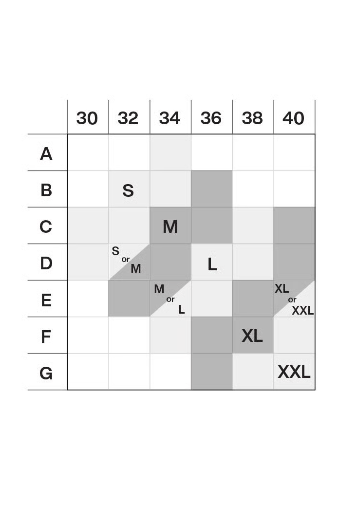 A size chart diagram with rows labeled A through G and columns labeled 30 through 40, using shaded gray blocks to indicate weight or body size ranges for S, M, L, XL, and XXL.