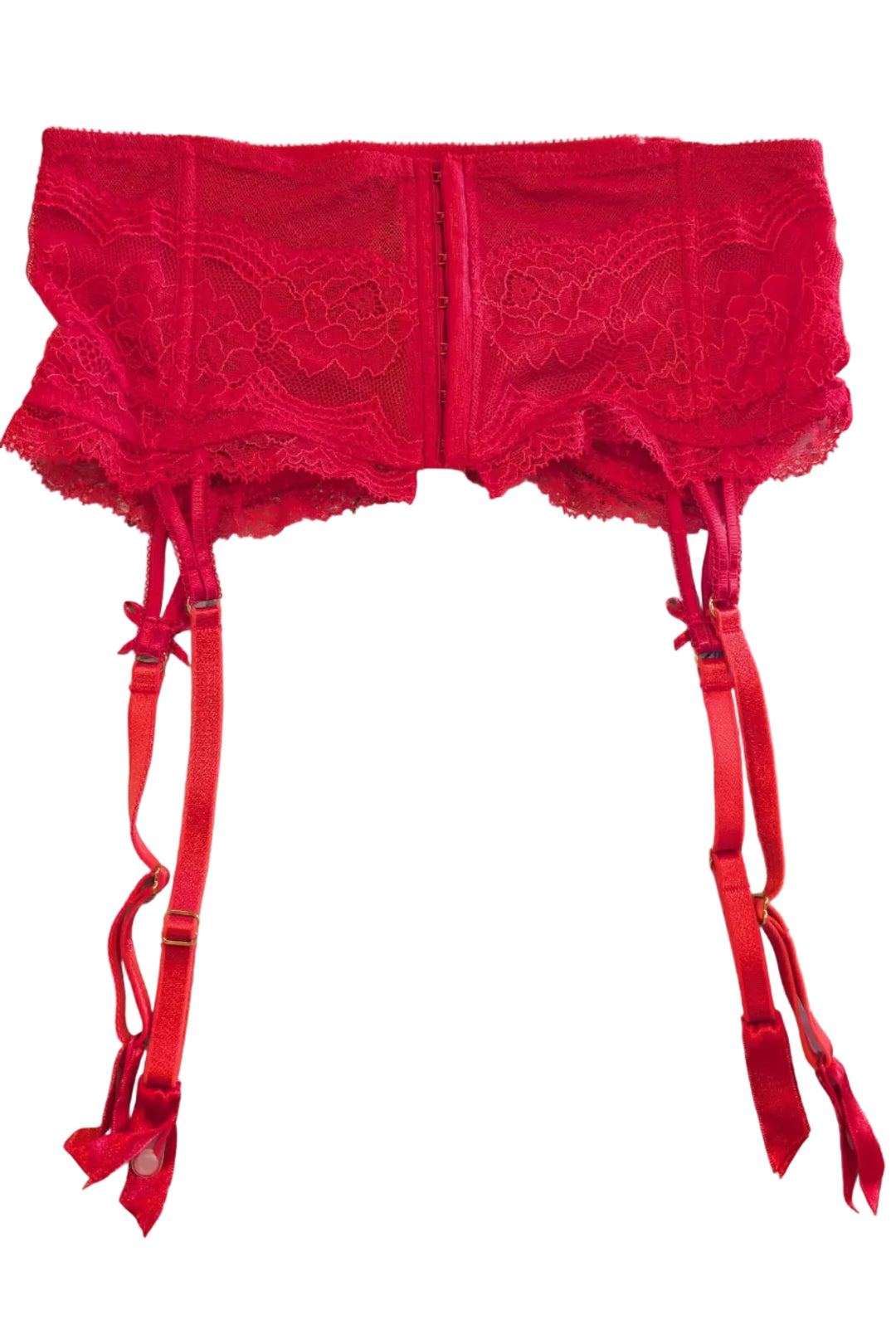 Red lace lingerie garter belt on a white background