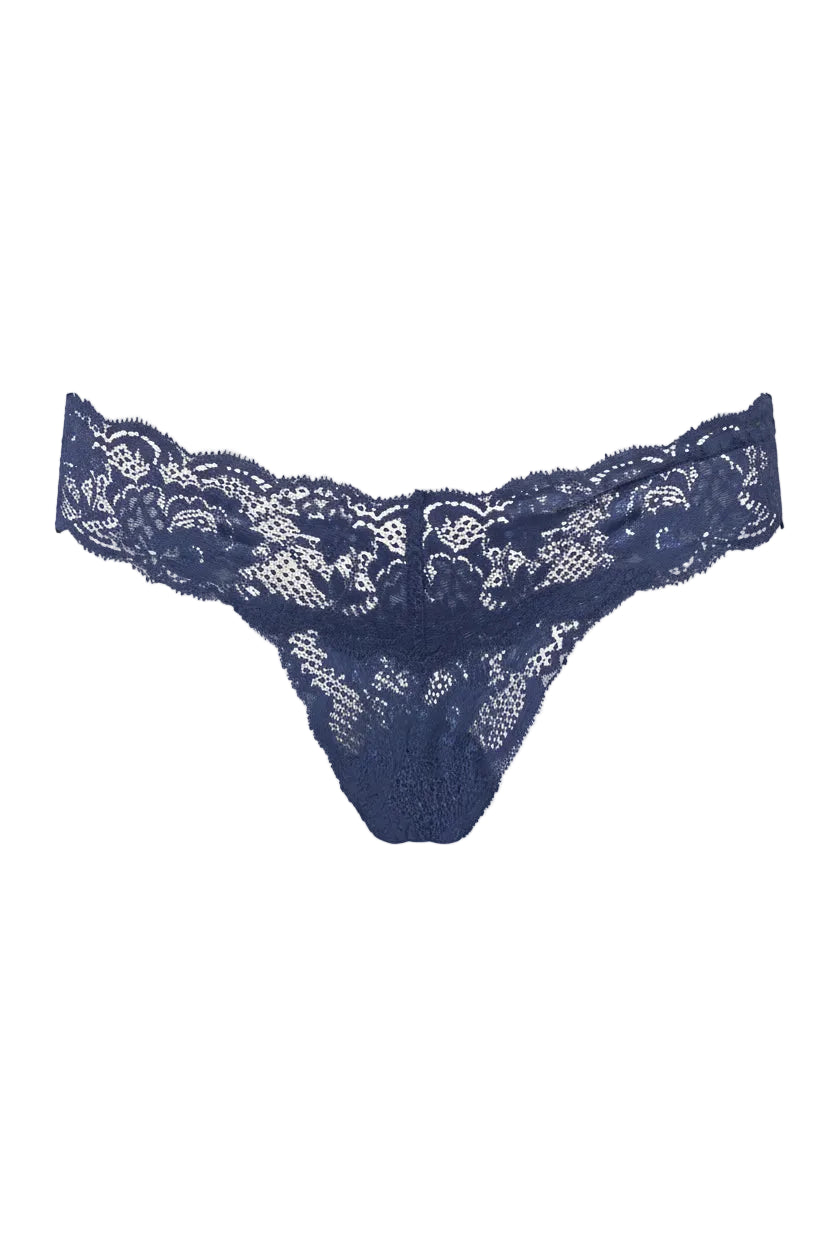 Navy blue lace thong on a white background