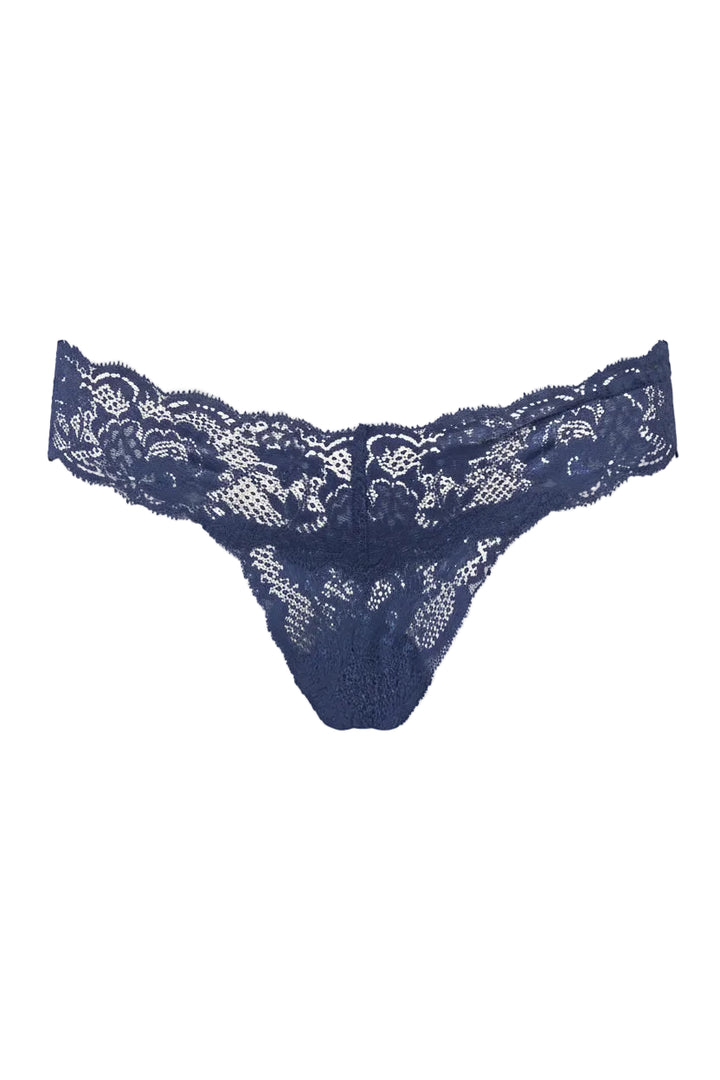 Navy blue lace thong on a white background