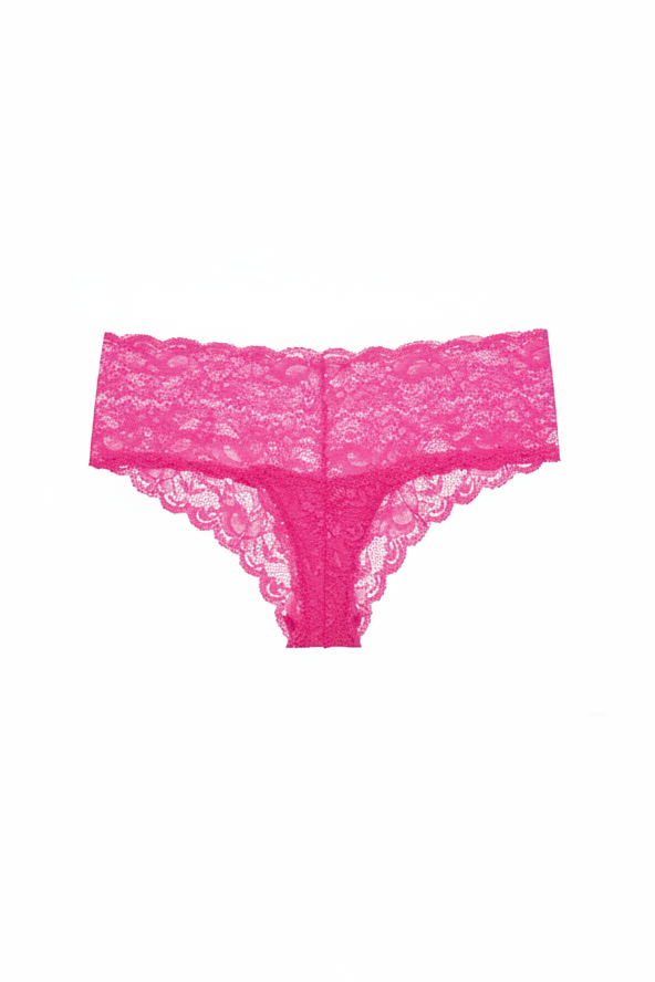 Hot pink lace cheeky boyshort brief on a white background
