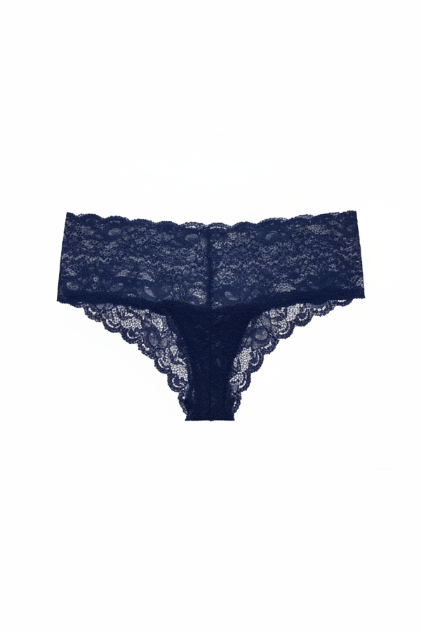 Navy blue lace cheeky boyshort brief on a white background
