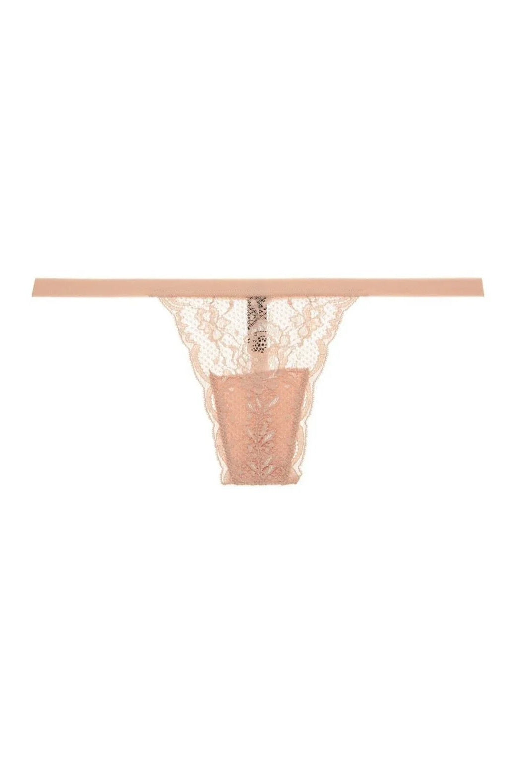Beige lace thong on a white background
