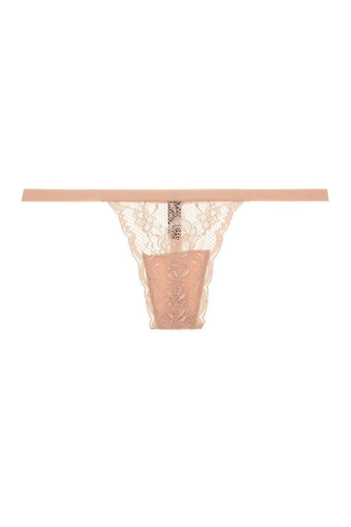 Beige lace thong on a white background