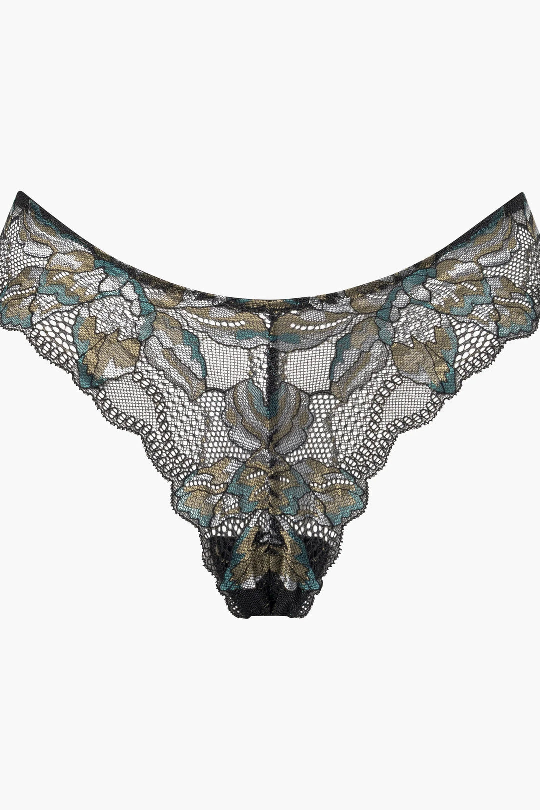 Lace lingerie thong with floral design on a white background