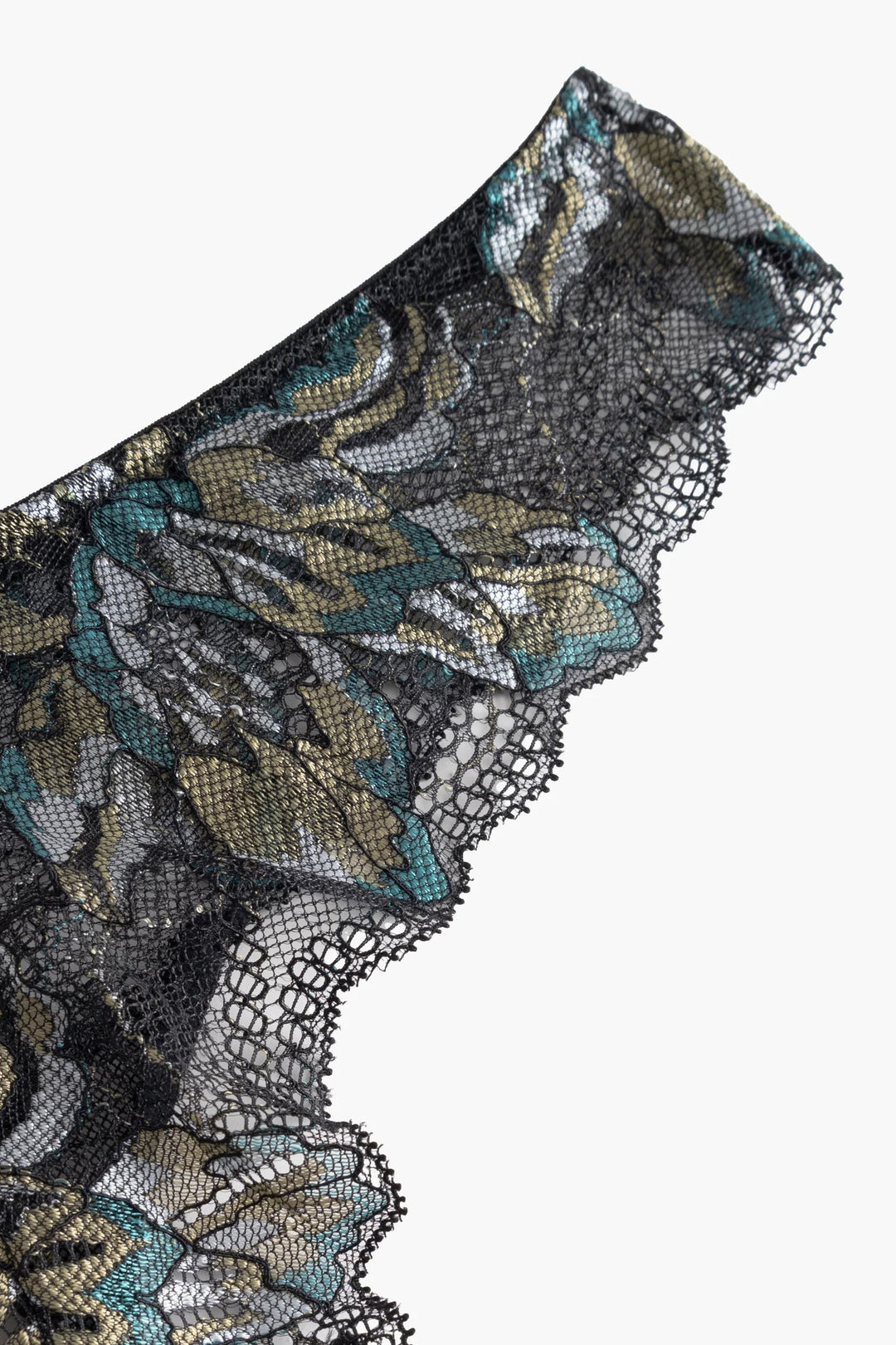 Close-up of a floral lace fabric with black, green, and beige colors on a white background.
