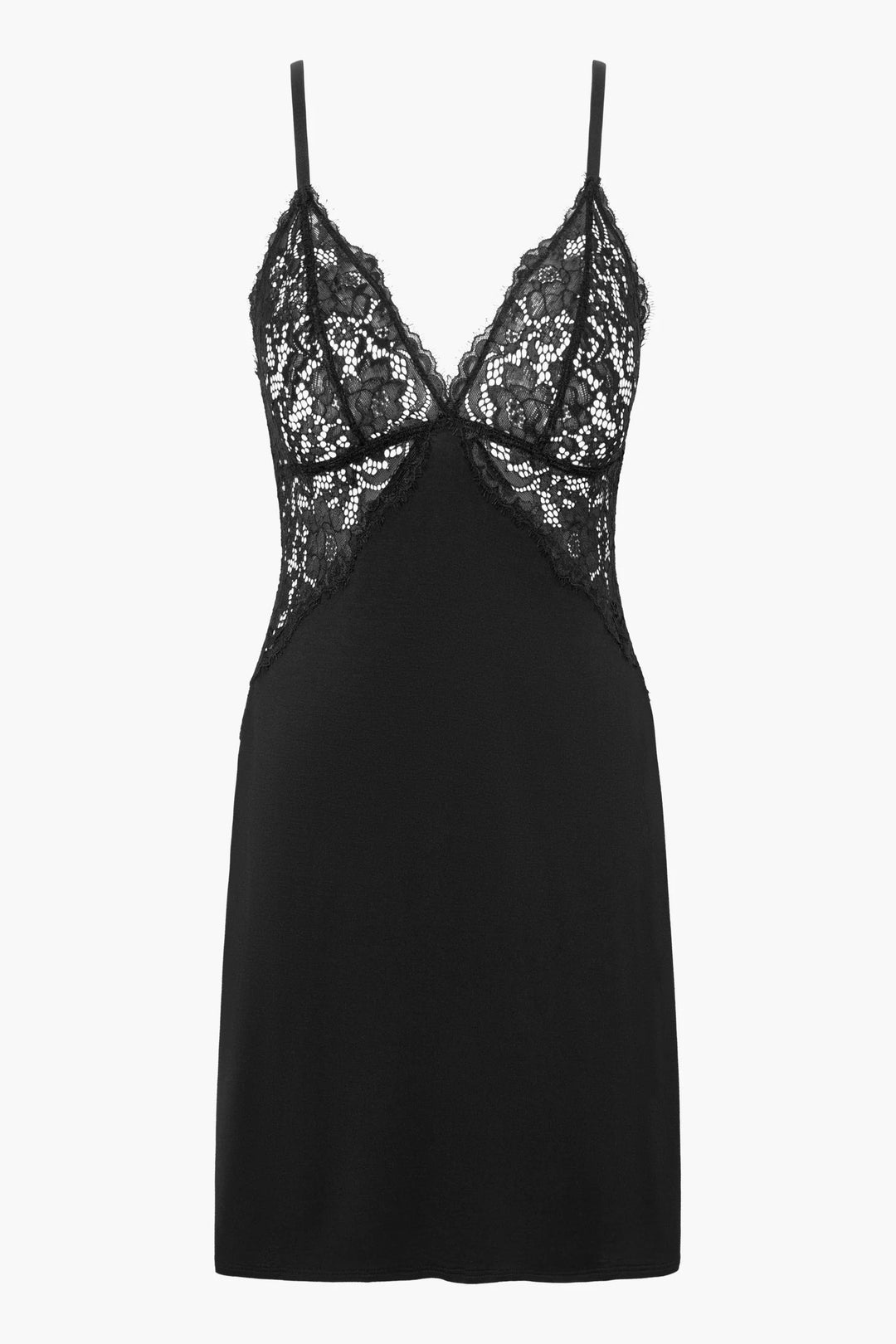Black slip dress with lace detailing on a white background