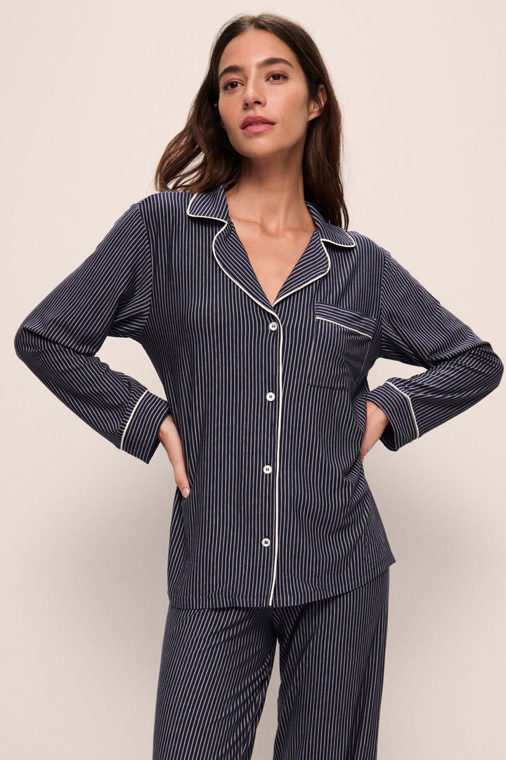 Gisele Printed Long PJ Set: Navy Duo Stripe