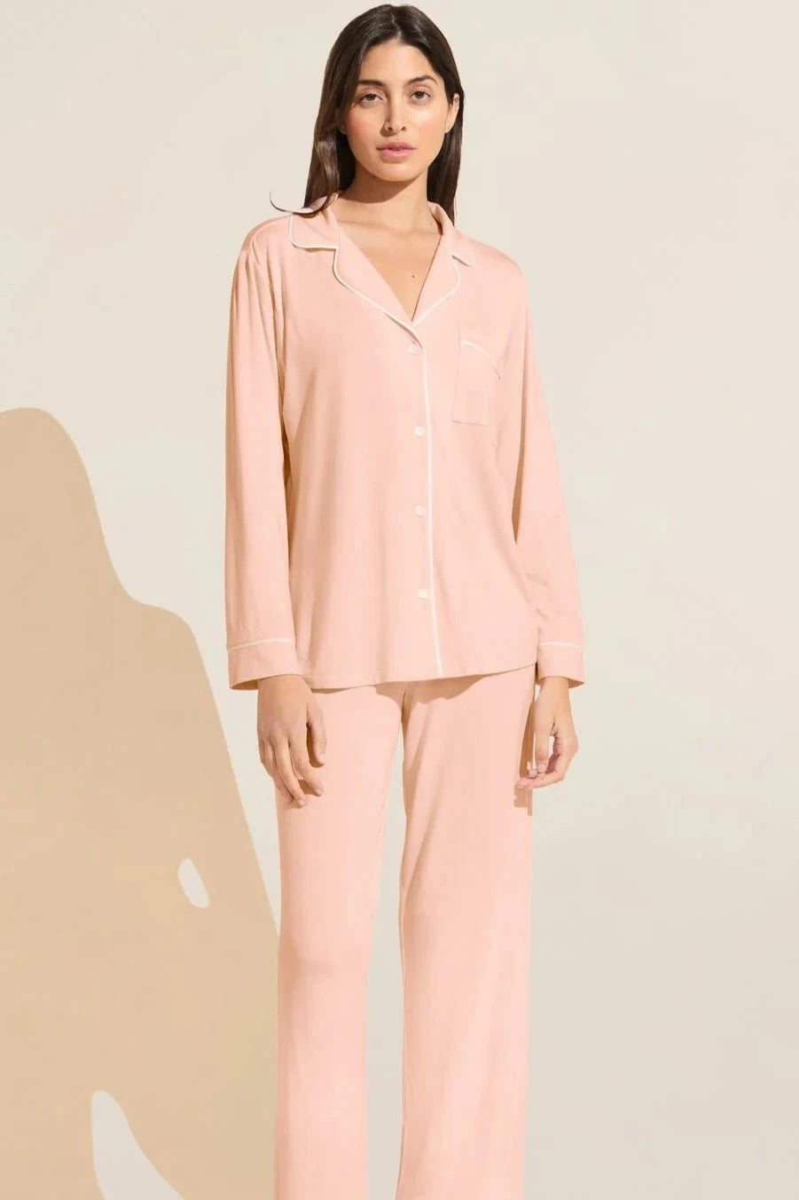 Classic long sleeve luxury pajama set with button front, collar and contrast piping in soft and comfortable petal pink modal jersey.