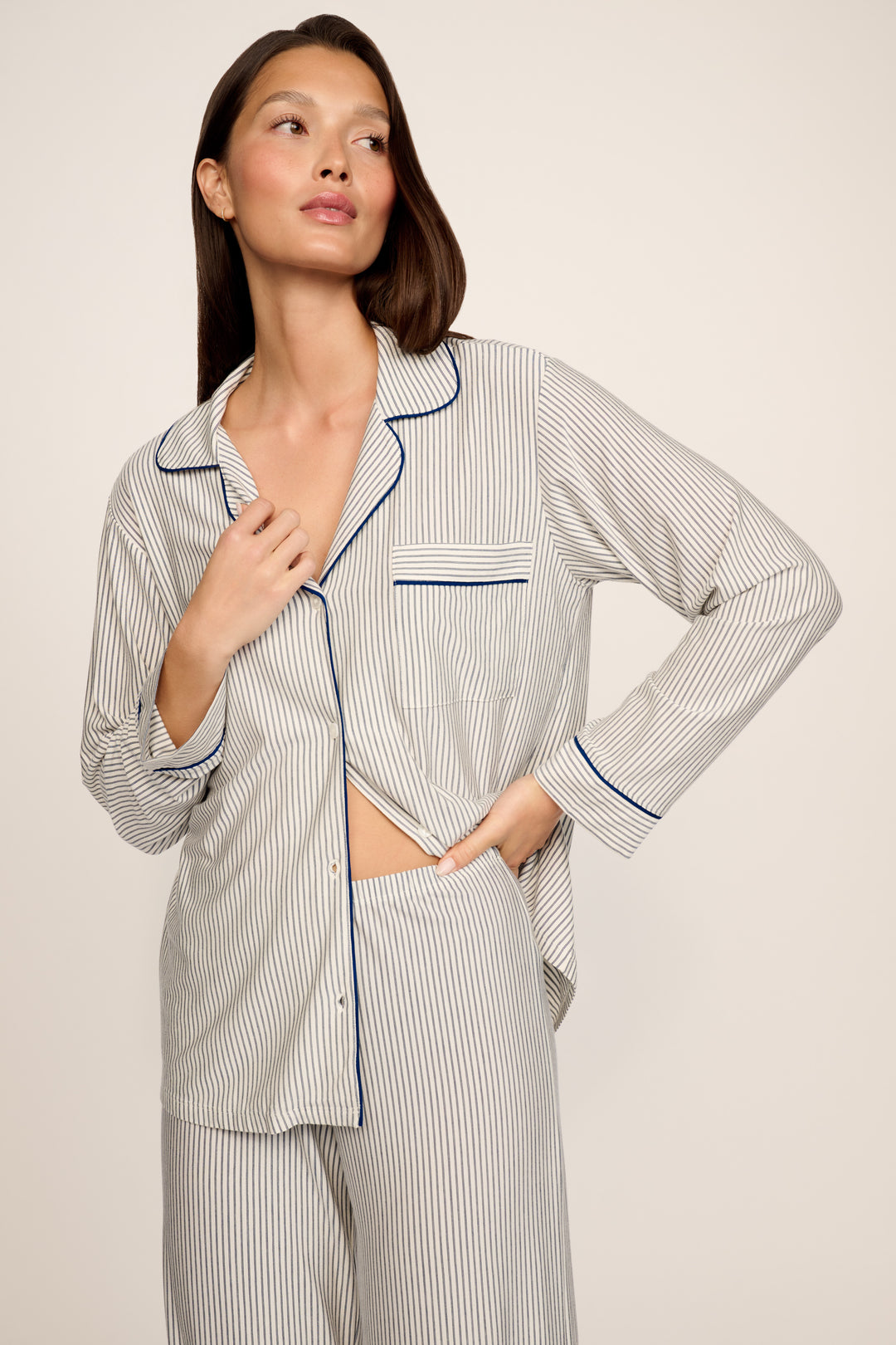 Gisele Duo Stripe Printed Long PJ Set: <i>Ivory</i>