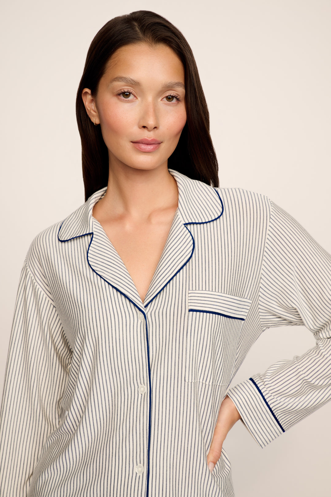 Gisele Duo Stripe Printed Long PJ Set: <i>Ivory</i>
