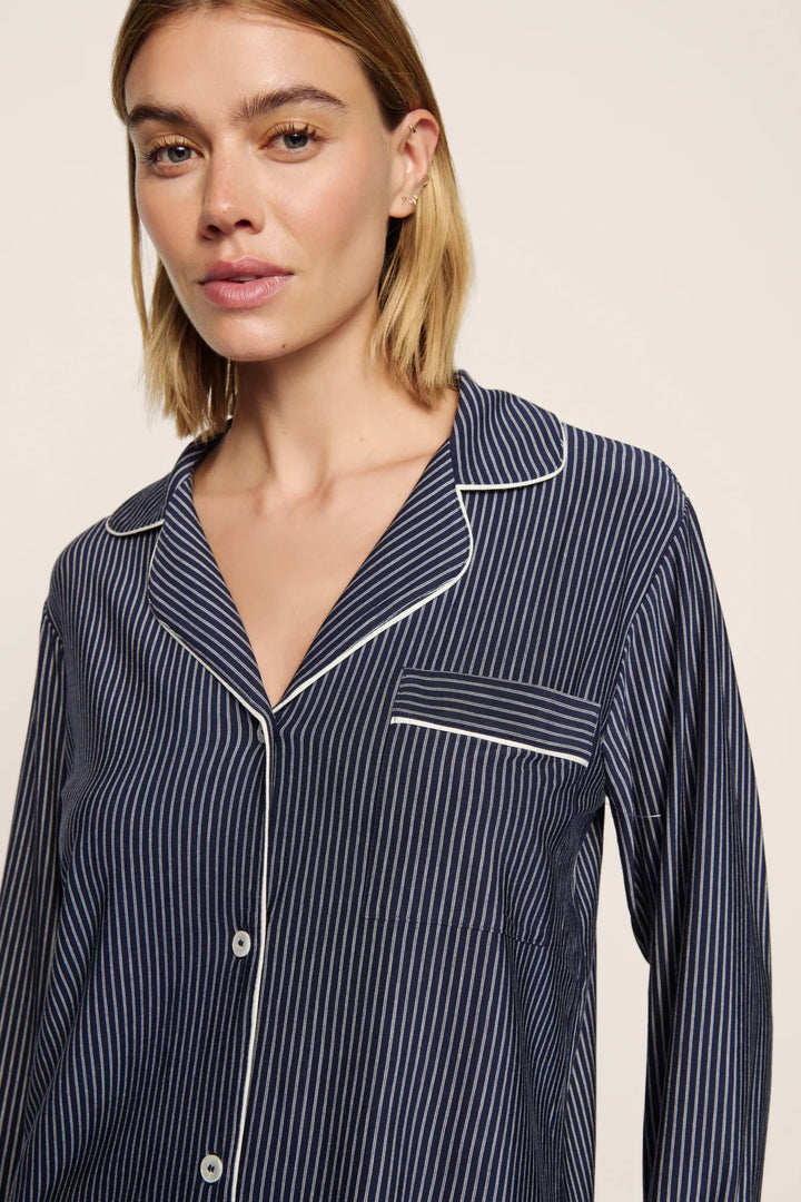 Gisele Printed Long PJ Set: Navy Duo Stripe